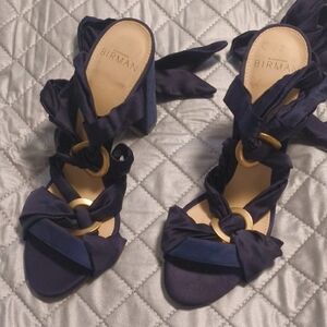 Alexandre Birman Navy Gold-Ring Tie Block-Heel Sandals